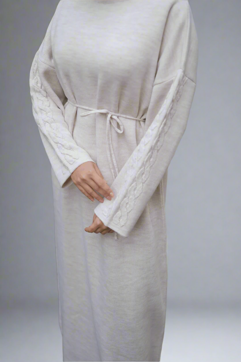 Knit Dress with Braided Sleeve Detail-White