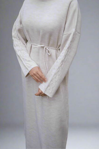Knit Dress with Braided Sleeve Detail-White