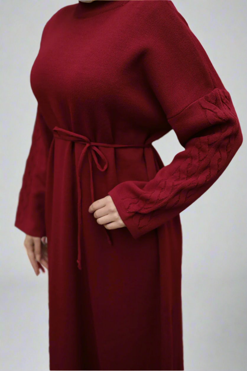 Knit Dress with Braided Sleeve Detail-Red