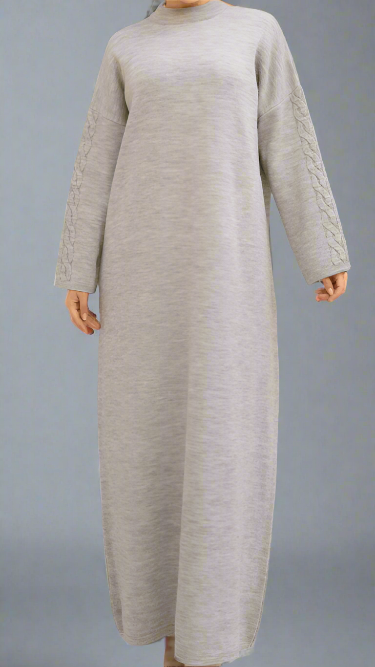 Knit Dress with Braided Sleeve Detail-Gray