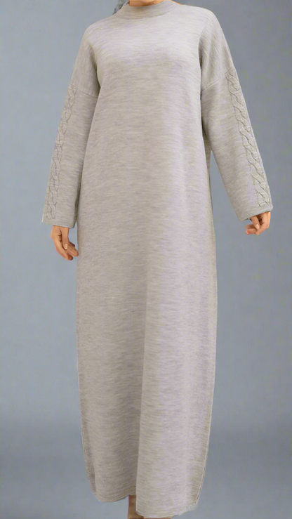 Knit Dress with Braided Sleeve Detail-Gray