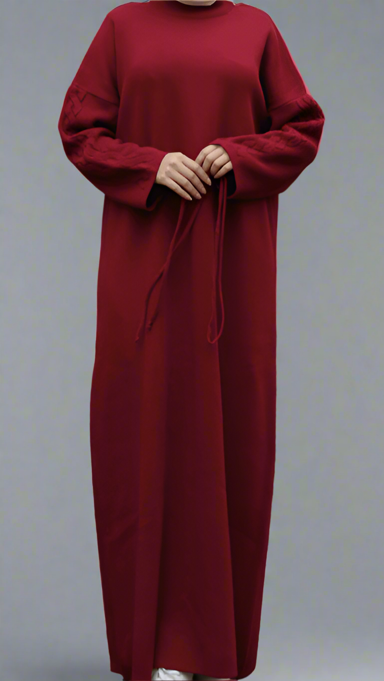 Knit Dress with Braided Sleeve Detail-Red