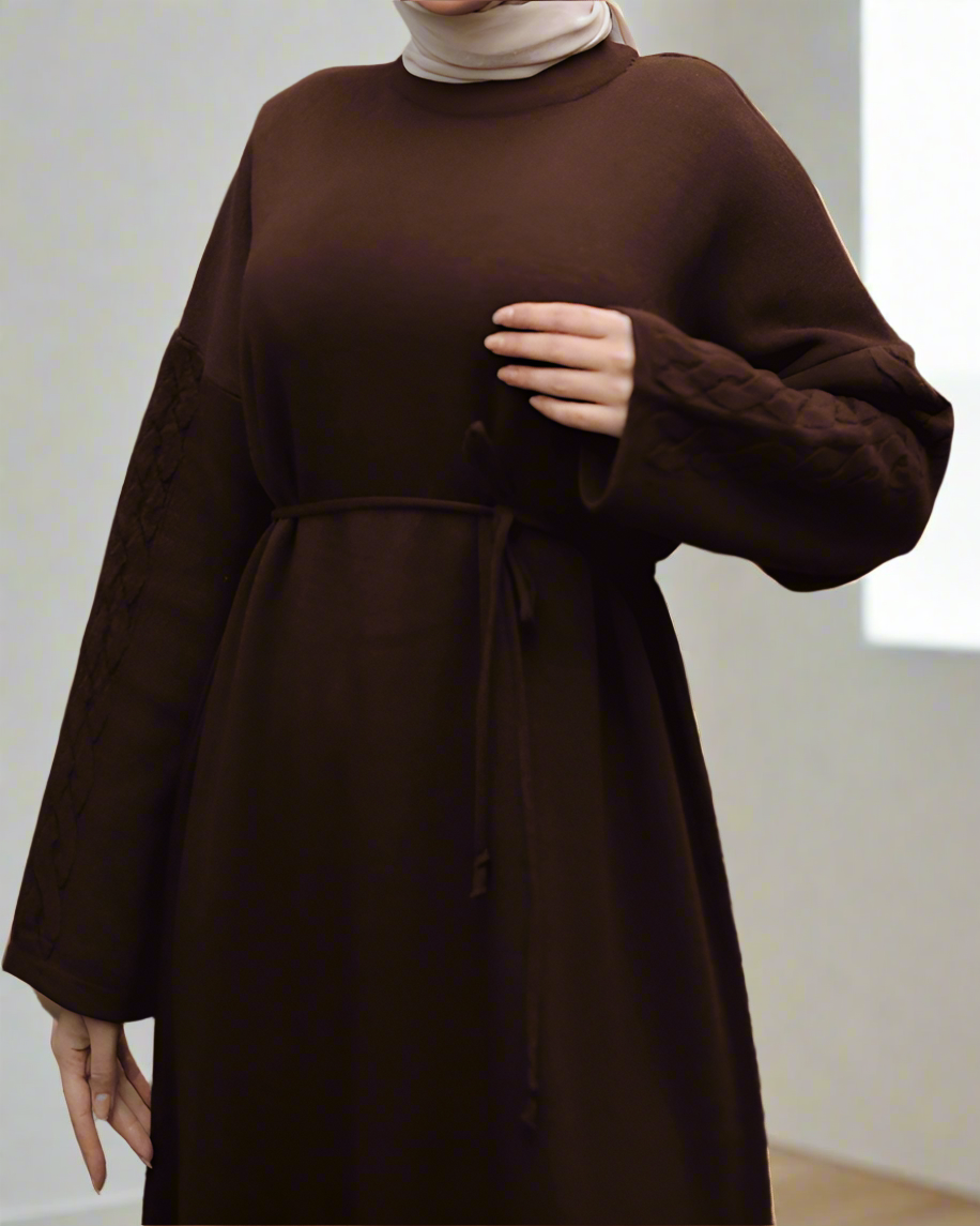 Knit Dress with Braided Sleeve Detail-Brown