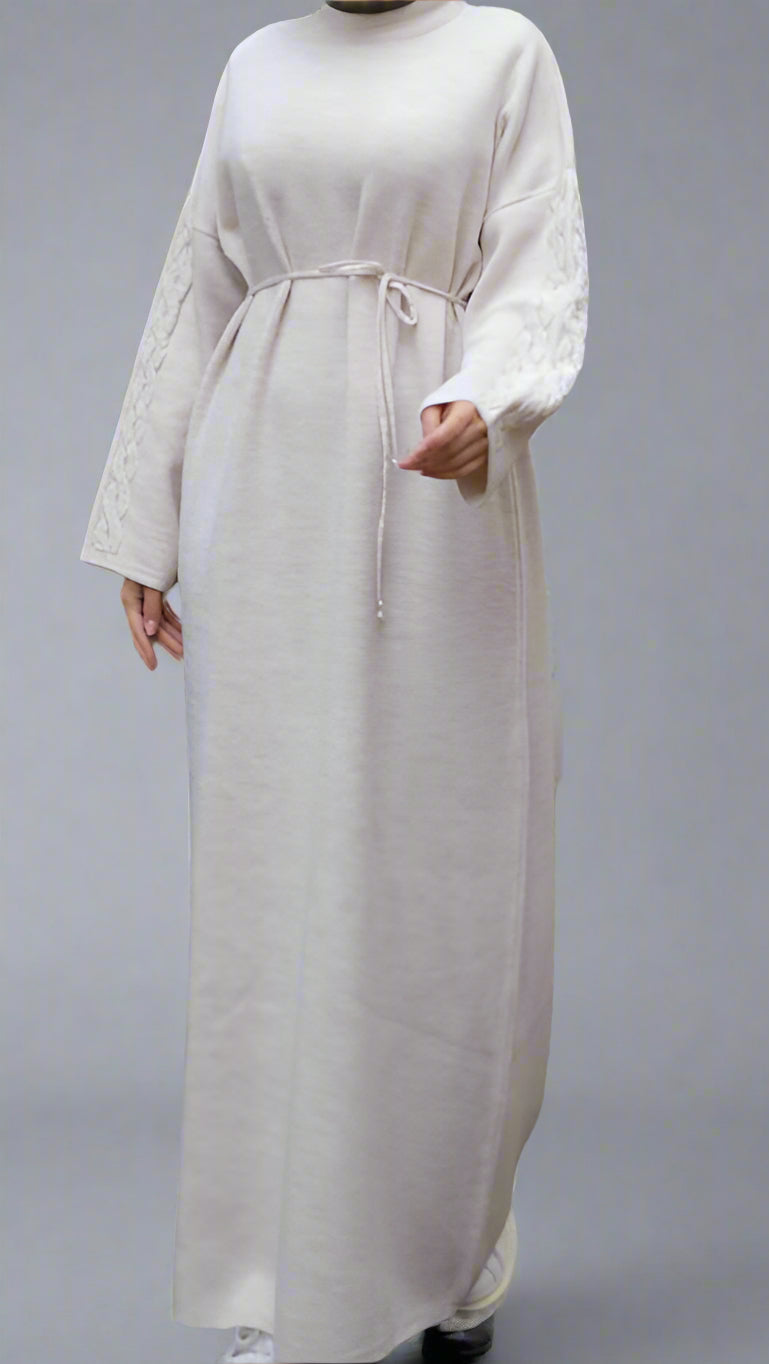 Knit Dress with Braided Sleeve Detail-White