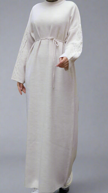 Knit Dress with Braided Sleeve Detail-White