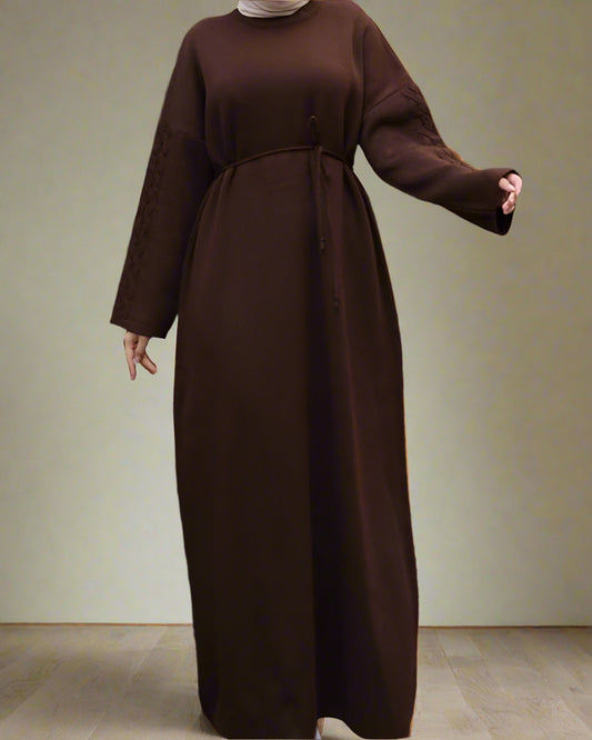 Knit Dress with Braided Sleeve Detail-Brown
