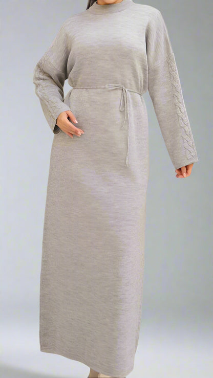 Knit Dress with Braided Sleeve Detail-Gray