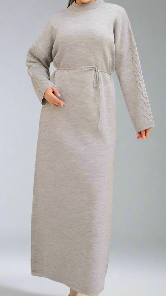 Knit Dress with Braided Sleeve Detail-Gray