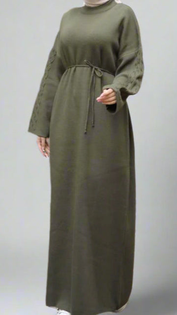 Knit Dress with Braided Sleeve Detail-Green