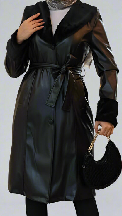Almanal Faux Leather Coat with Fur Trim- Black