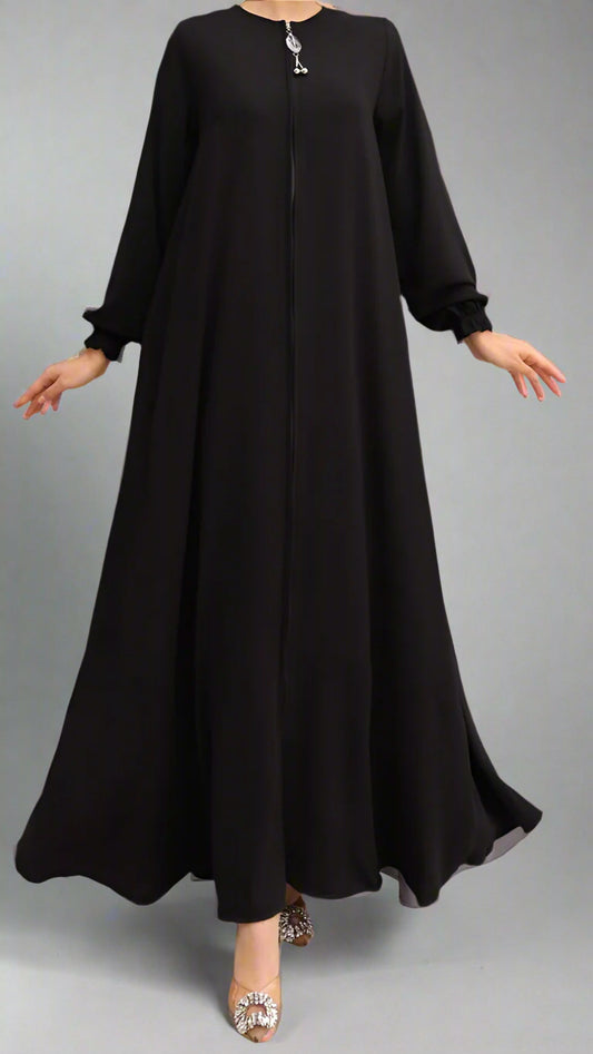 Long Dress/ Abaya with Elegant Zipper Accent Black