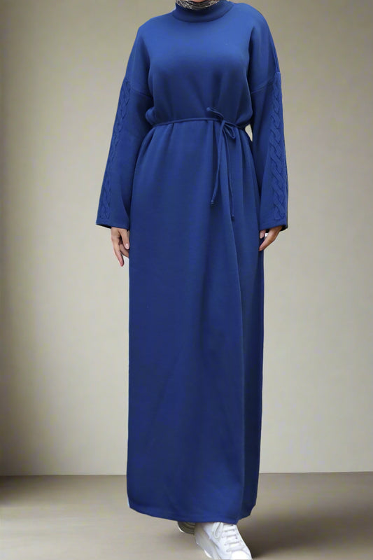 Knit Dress with Braided Sleeve Detail-Blue