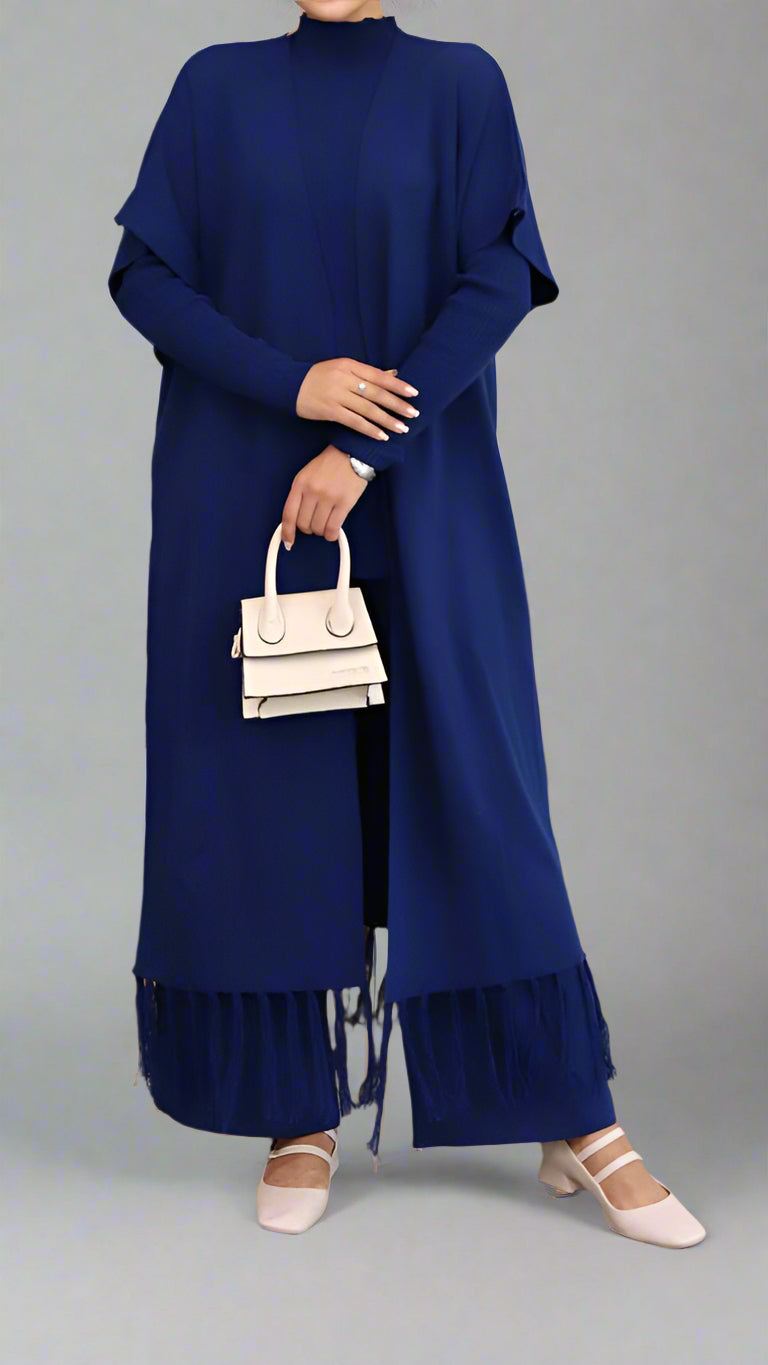 Elegant Three-Piece Fringe Set – Long Vest, Top &amp; Wide-Leg Pants (Navy Blue)