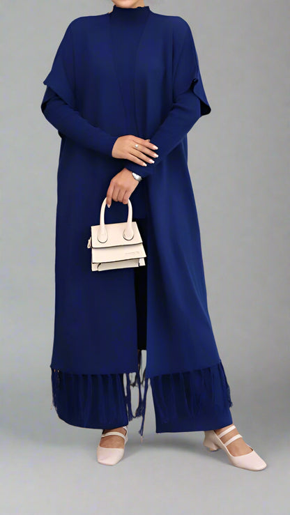 Elegant Three-Piece Fringe Set – Long Vest, Top &amp; Wide-Leg Pants (Navy Blue)