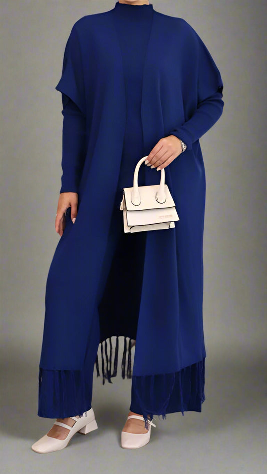 Elegant Three-Piece Fringe Set – Long Vest, Top &amp; Wide-Leg Pants (Navy Blue)